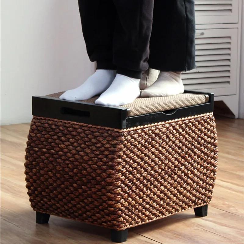 Rattan Storage Storage Stool Solid Wood Storage Box Shoes Stool Household Can Sit Sofa Stool Doorway Shoe Bench