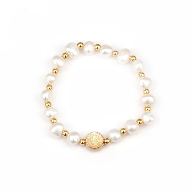 San Benito Bracelets Stainless Steel Bracelet For Women Metal St Benedict Medal Bracelet Natural Pearl Bracelet Bracelet