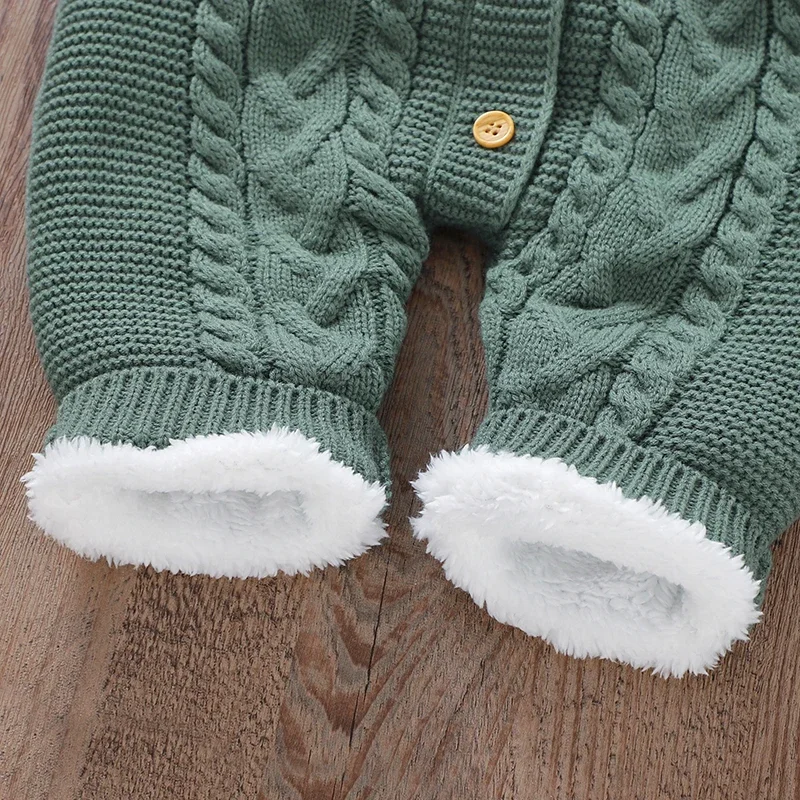 Baby Romper Fashion Hooded Newborn Boy Girl Jumpsuit Knitted Plus Fleece Infant Toddler Winter Clothing Long Sleeve Onesie 0-18M