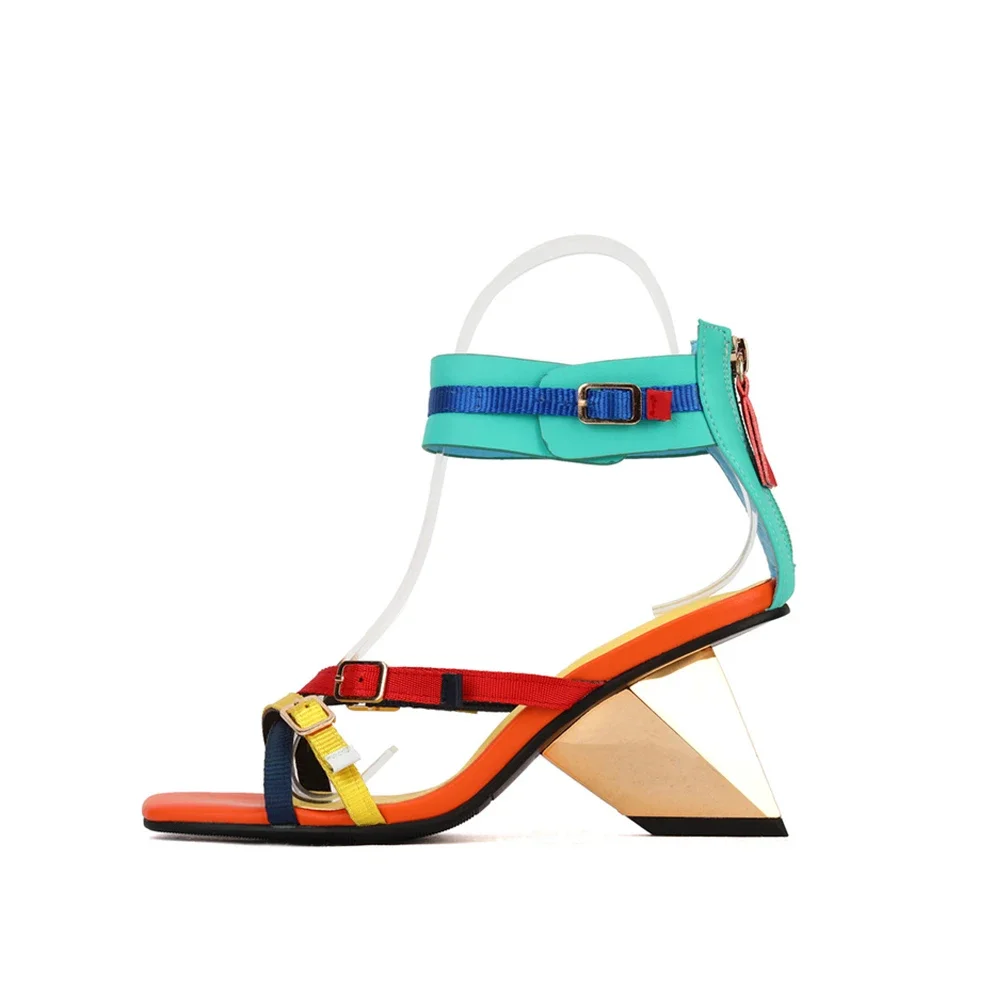 

Buckle straps decoration behind zipper 6.5cm high strange heels mixed colors square peep toe fashion women sandals LX136