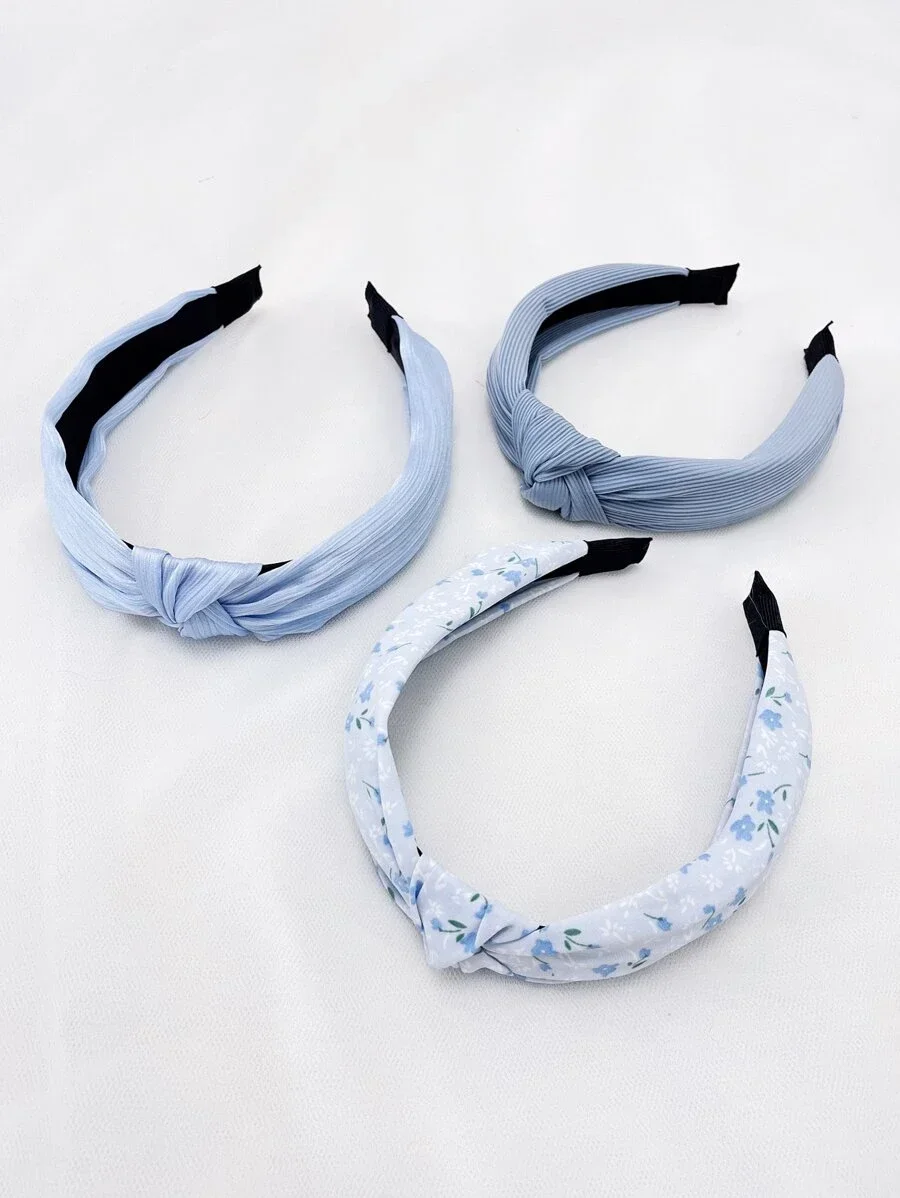 

3pcs Set Women's Knot Twist Wide Headbands Floral & Solid Blue Hair Accessories