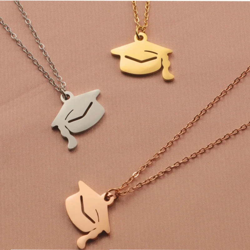 10pcs 304 Stainless Steel Graduate Hat Pendant Necklace Bachelor Cap Necklaces School Graduation Gift Students Jewelry