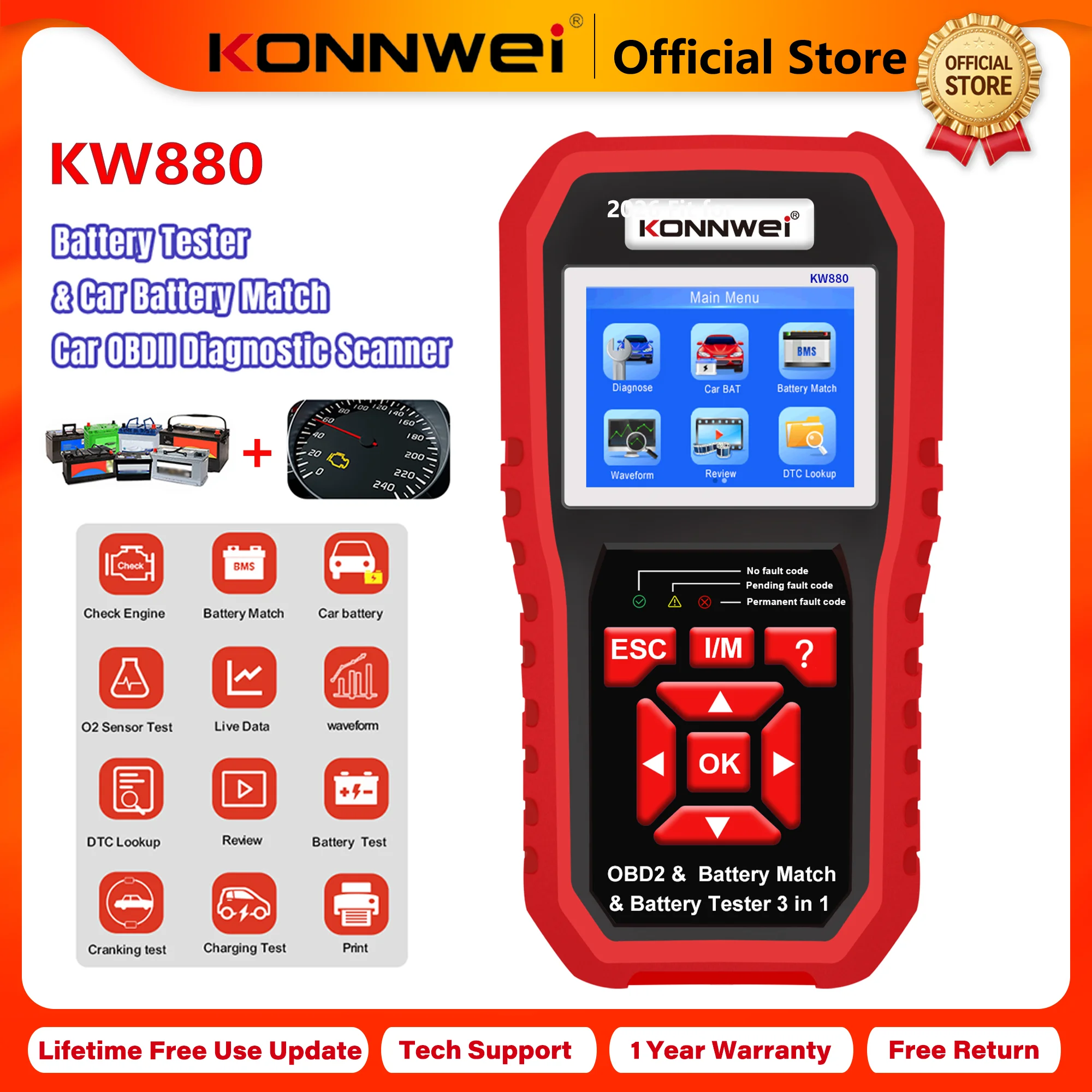 2026 KONNWEI KW880 Car OBD2 Diagnostic Scanner 6V/12V Battery Tester/Matching DPF DTC Lookup Live Data Waveform Pinting Function