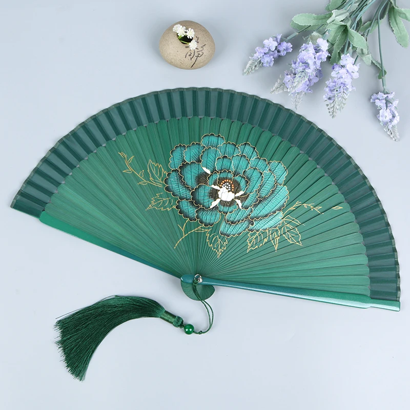 Foldable Women's Hand Fan Fashion Beautiful Prom Bamboo Fan Craft Decoration Full Bamboo Carving Pattern Chinese Style Wedding