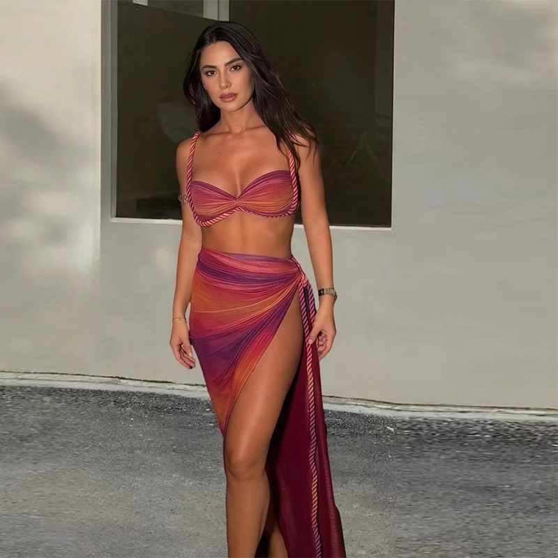 

Beach Resort Swimwear for Women Outfit Spring Summer New Sexy Backless Halter Neck Strapless Skirt Two-Piece Set Y2k Skirt Sets