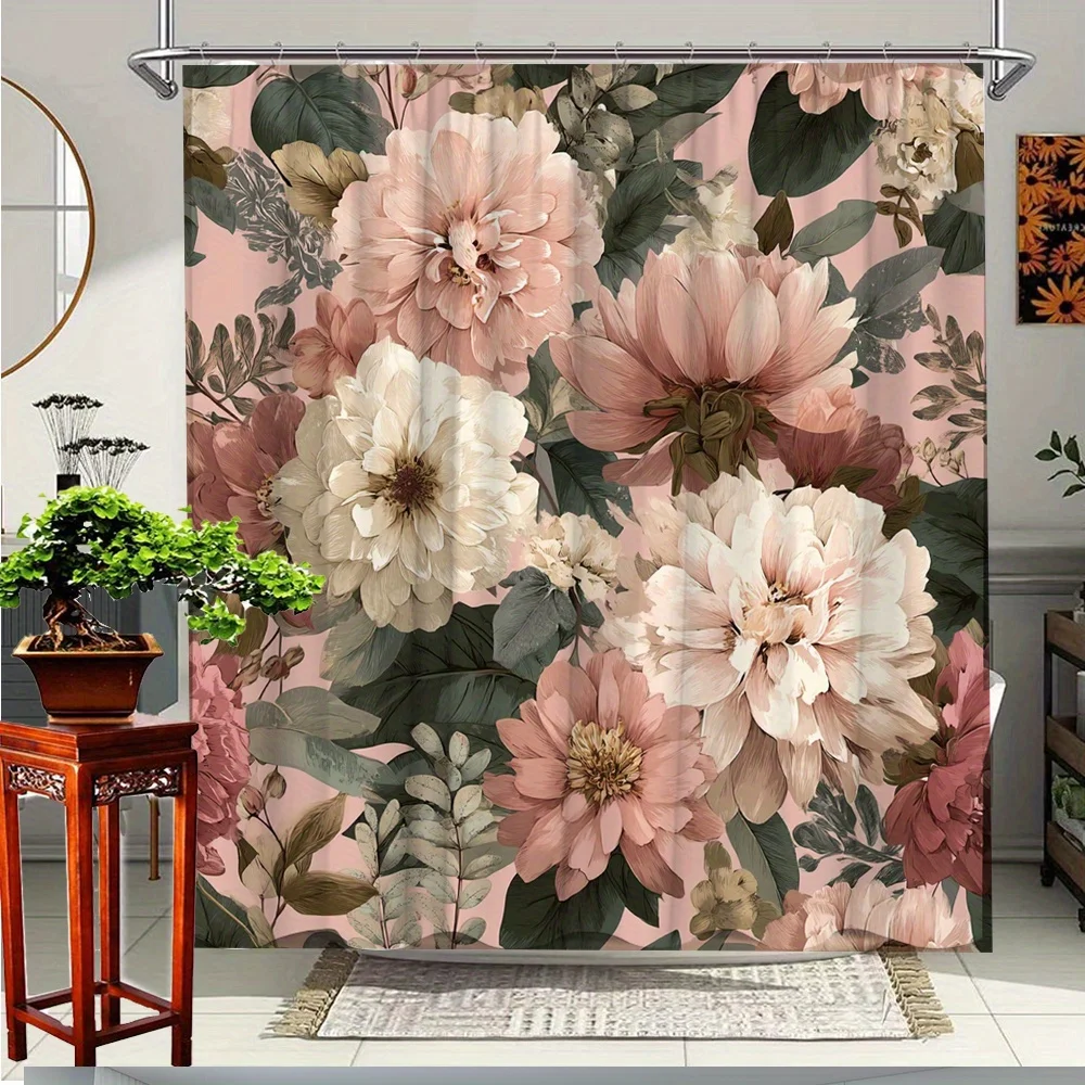 

1pc Elegant Floral Shower Curtain for Bathroom Decor - Blooming Flowers Design, Polyester Fabric, Machine Washable, 180x200cm