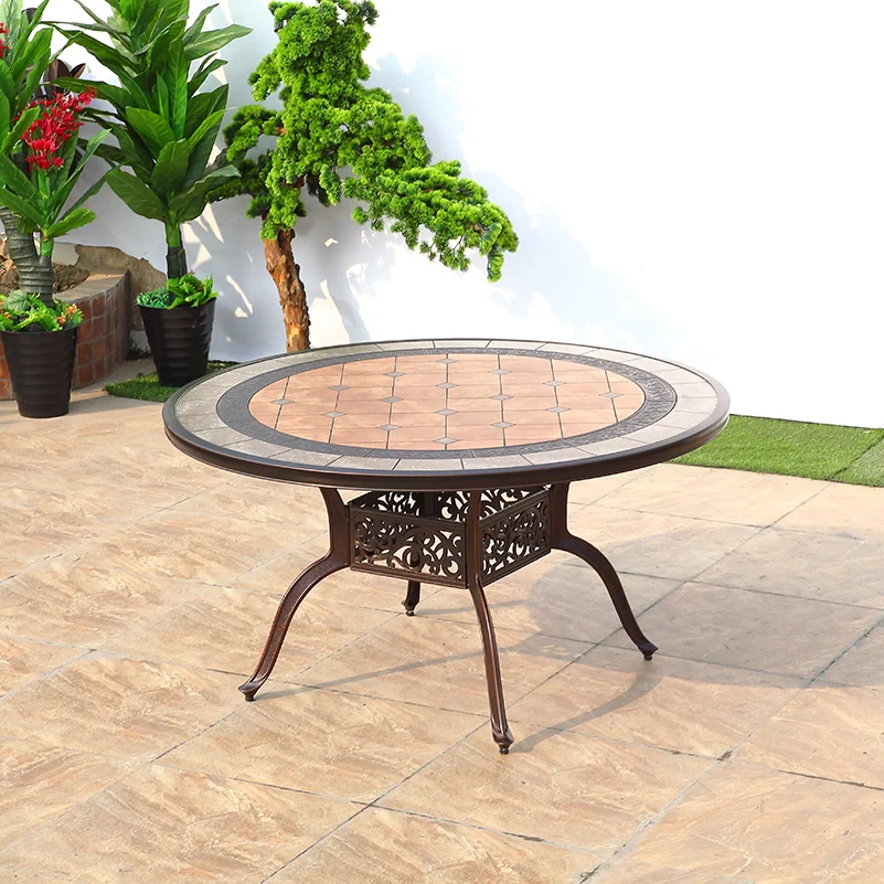 Marble Tiles Design 120cm Round Dining Tiles Table for 4 people Waterproof and rust-proof Cast Aluminum Table Leisure Furniture