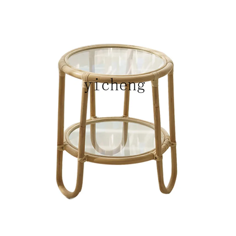 XL Rattan Small Coffee Table Storage Corner Table Side Table Creative Bedside Glass Small round Side Table