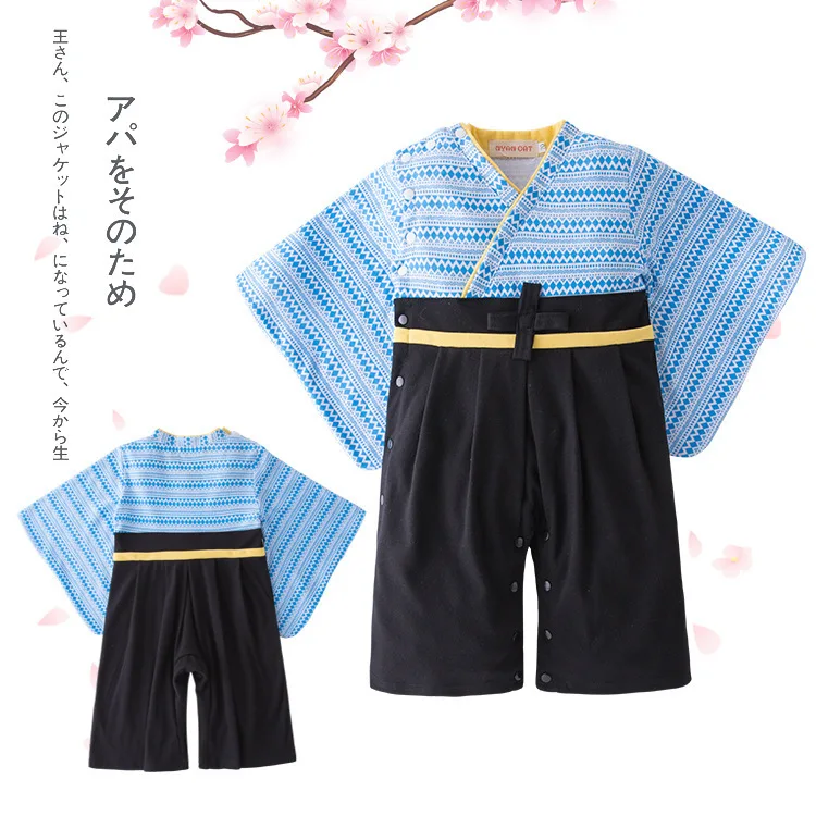 Japanese Baby Boy Jumpsuit Spring Autumn Long Sleeve Black Splicing Bow Kimono Romper Daily Outdoor Infant Crawling Bodysuit