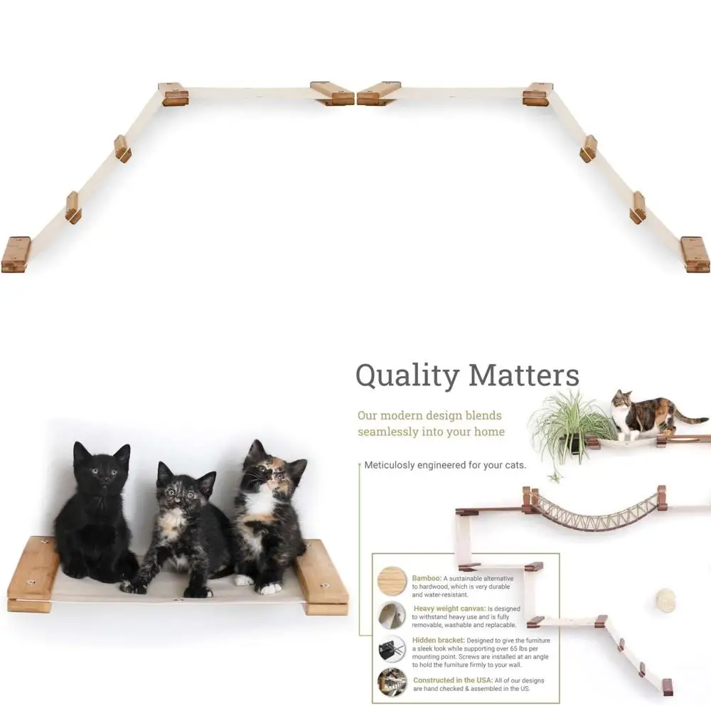 Bamboo Cat Tree with Hammock and Wall-Mounted Shelves - Canvas Fabric Cat Furniture