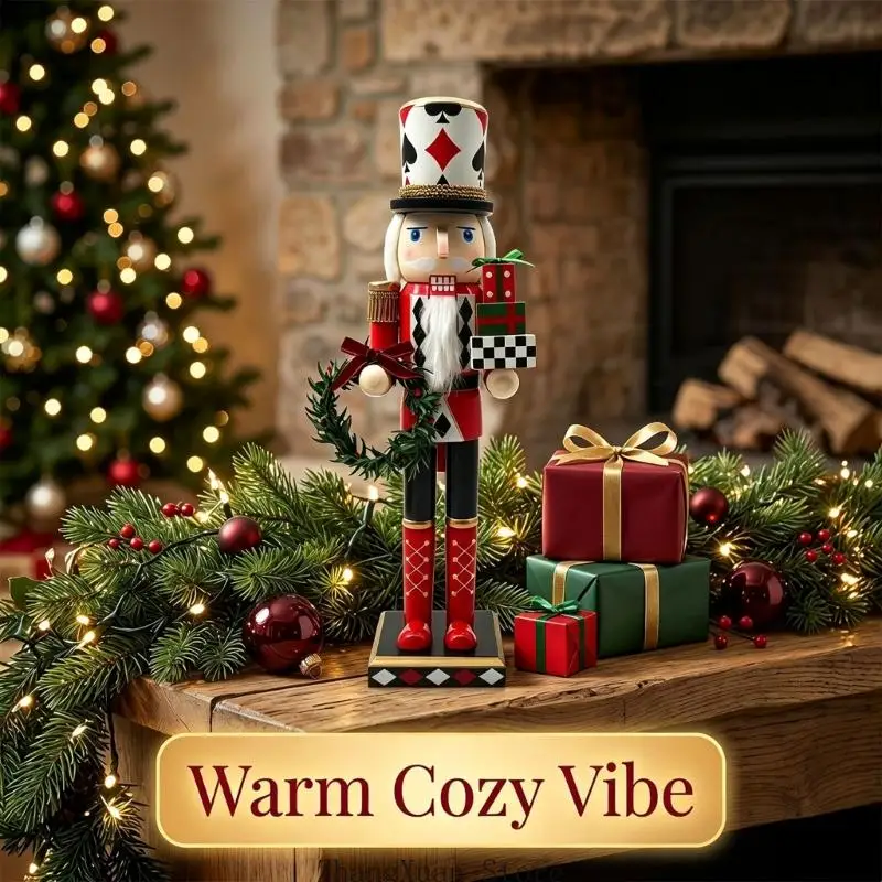 Tisch-Weihnachtsdekoration, Nussknacker-Statue mit Spielkartenanzug, bemalte hölzerne Soldatenfigur, flache Basis für 3 x – Detail 9