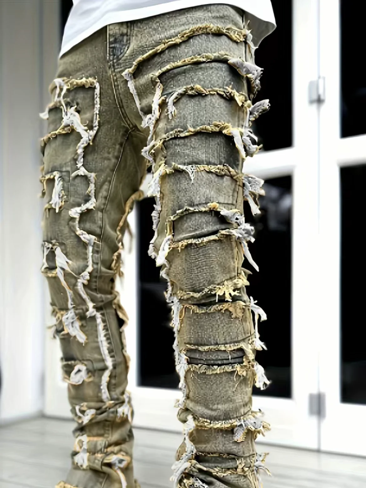 خمر الأزرق مكدسة الجينز للرجال ، بسط السراويل ، الخام المتوترة الدنيم ، دمرت ، غسلها خليط ، جديد ، قسط