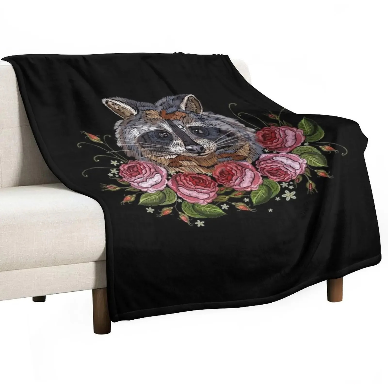 

Raccoon head with roses embroidery Throw Blanket Polar Tourist Luxury Throw Cute Plaid Blankets