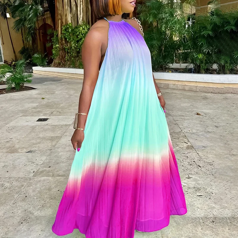 

Casual Sleeveless Off Shoulder Loose Swing Dress Fashion Halter Gradient Printed Evening Dress Sexy High Waisted Fold Long Dress