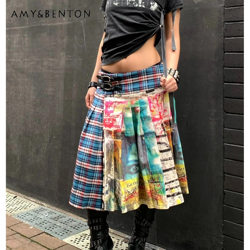 

American Retro Printed Plaid Splicing Women's Pleated Skirt New Sweet Cool Hot Girl Yabi Punk Leather Buckle Half Skirts Ladies