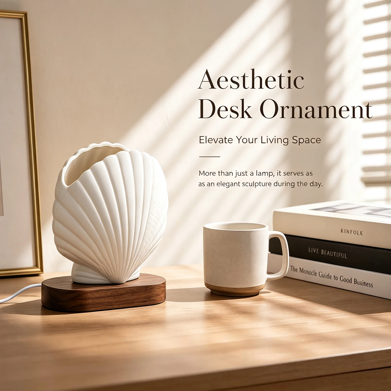Ceramic Shell Night Light with Walnut Base 3-Color Temperatures Dimmable Brightness USB Powered Table Lamp for Bedroom Home