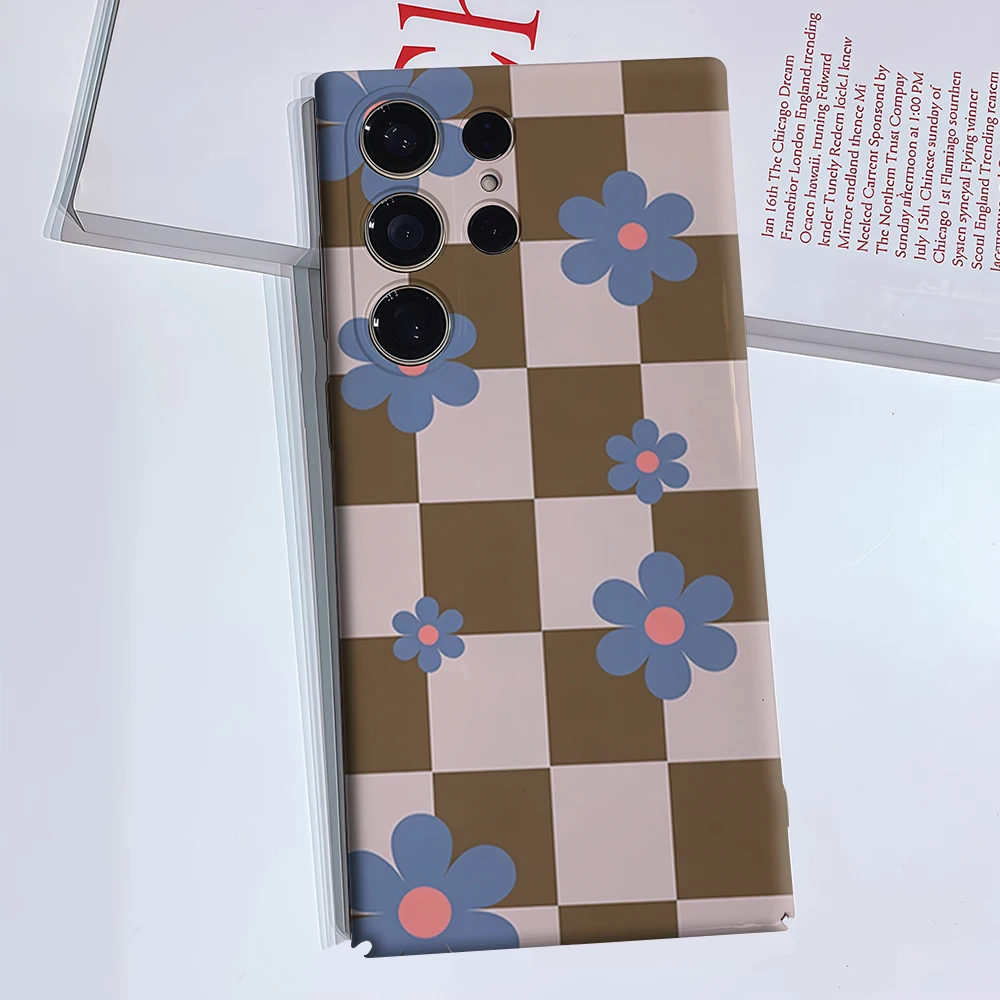 Checkered Blue Floral Phone Case for Samsung Galaxy S26 S25 Ultra S24 S23 Ultra Plus Glossy Double-layer Back Cover