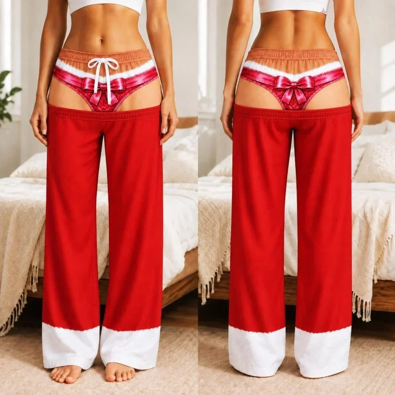 Christmas Santa Red Wide Leg Pajama Pants Unisex Drawstring Fuzzy Plush Holiday Winter Comfy Cosy Soft Casual Sleepwear
