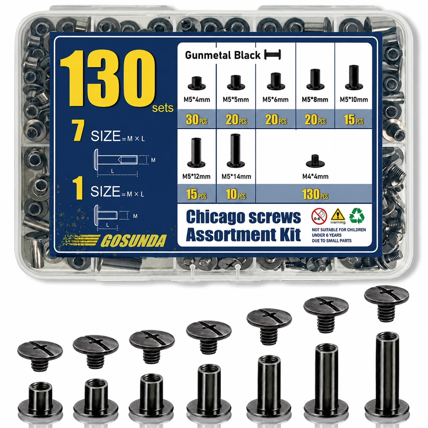 GOSUNDA 130 Sets of Chicago Screw Leather Rivet Kits, 7 Sizes, for Belts, Bookmarks, DIY Leather 7 Colors Screws, Tornillo Chica