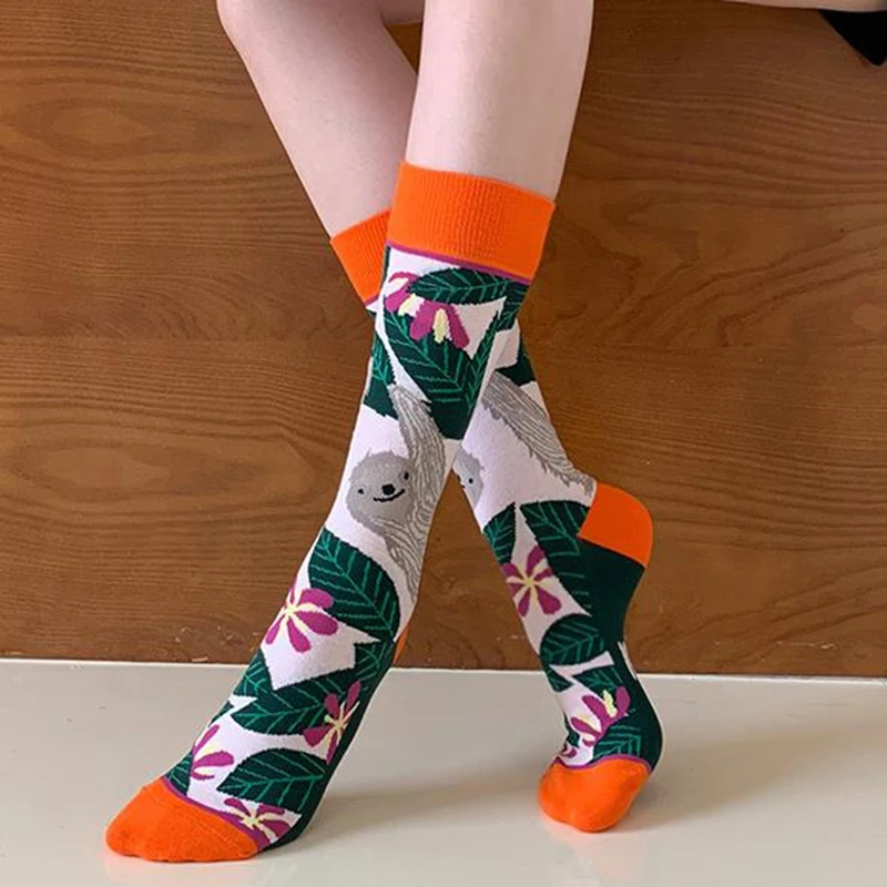 Fashion Colorful Spring Autumn Stocking Women\'s Socks Plant Hedgehog Slothsi Cotton Socks Personality Straight Trendy Socks