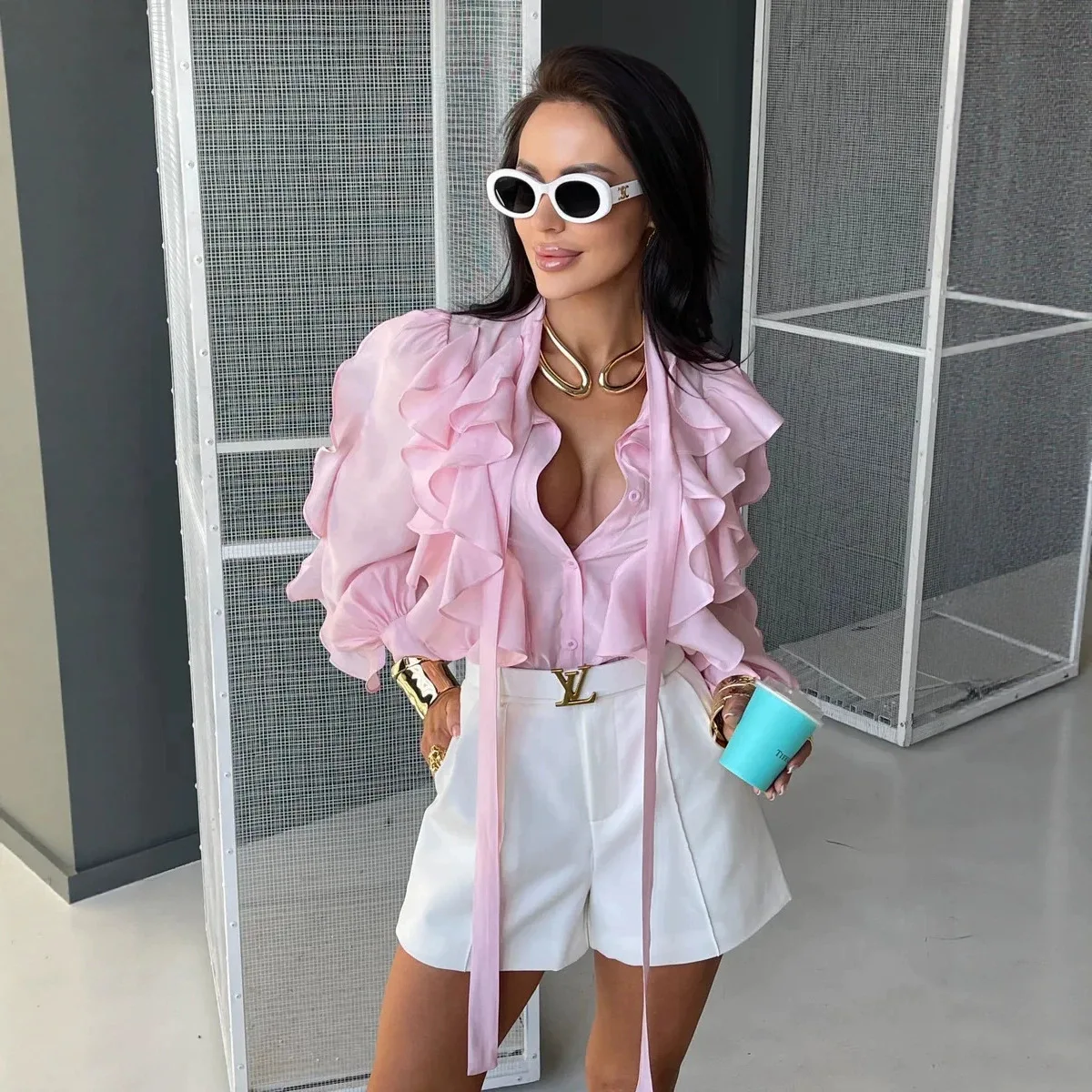 Elegant Ruffled Shirt With Flowing Sleeves, Lantern-style Long Sleeves, Loose Fit, And A Stiglich Necklace Clothes Maxi Party