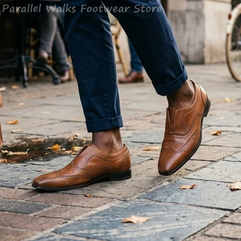 Mens Brown Leather Brogue Shoes Slip On Elastic Perforated Wingtip Formal Evening Party Dress Shoes Oxford Classic Loafers Shoes view 2