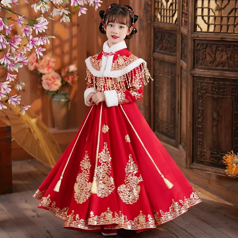 

Girls Red Chinese New Year Clothing Children Winter Tang Suit Cheongsam Flower Girl Dress Ancient Princess Hanfu Costume Kids