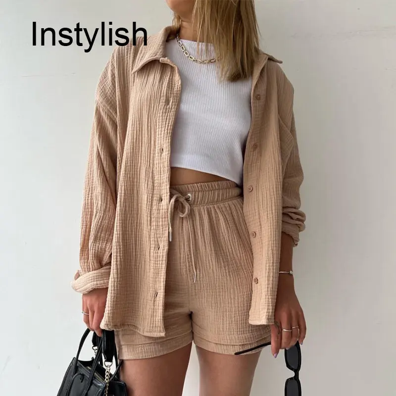 Elegant Long Sleeve Shirts and Loose High Waist Mini Shorts Sets Summer Vintage Oversize Blouse Suit Casual Outwear 2 Pieces Set