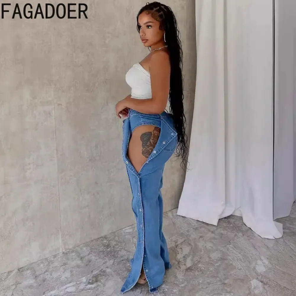 FAGADOER Fashion Hollow Out Denim Pants Women Double Side Buttons High Waist Wide Leg Jeans Pants Hot Girl Streetwear Bottoms