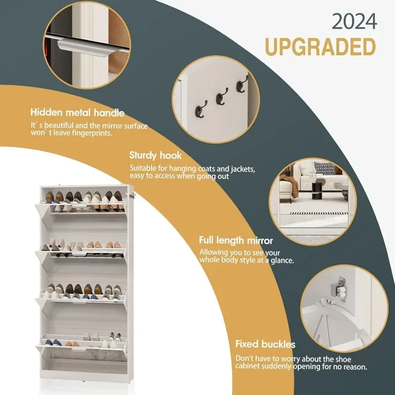 Mirror Shoe Cabinet with 4 Flip Drawers, Wooden Shoe Organizer with 4 Tier for Small Spaces, Full Length Mirror Shoe Rack