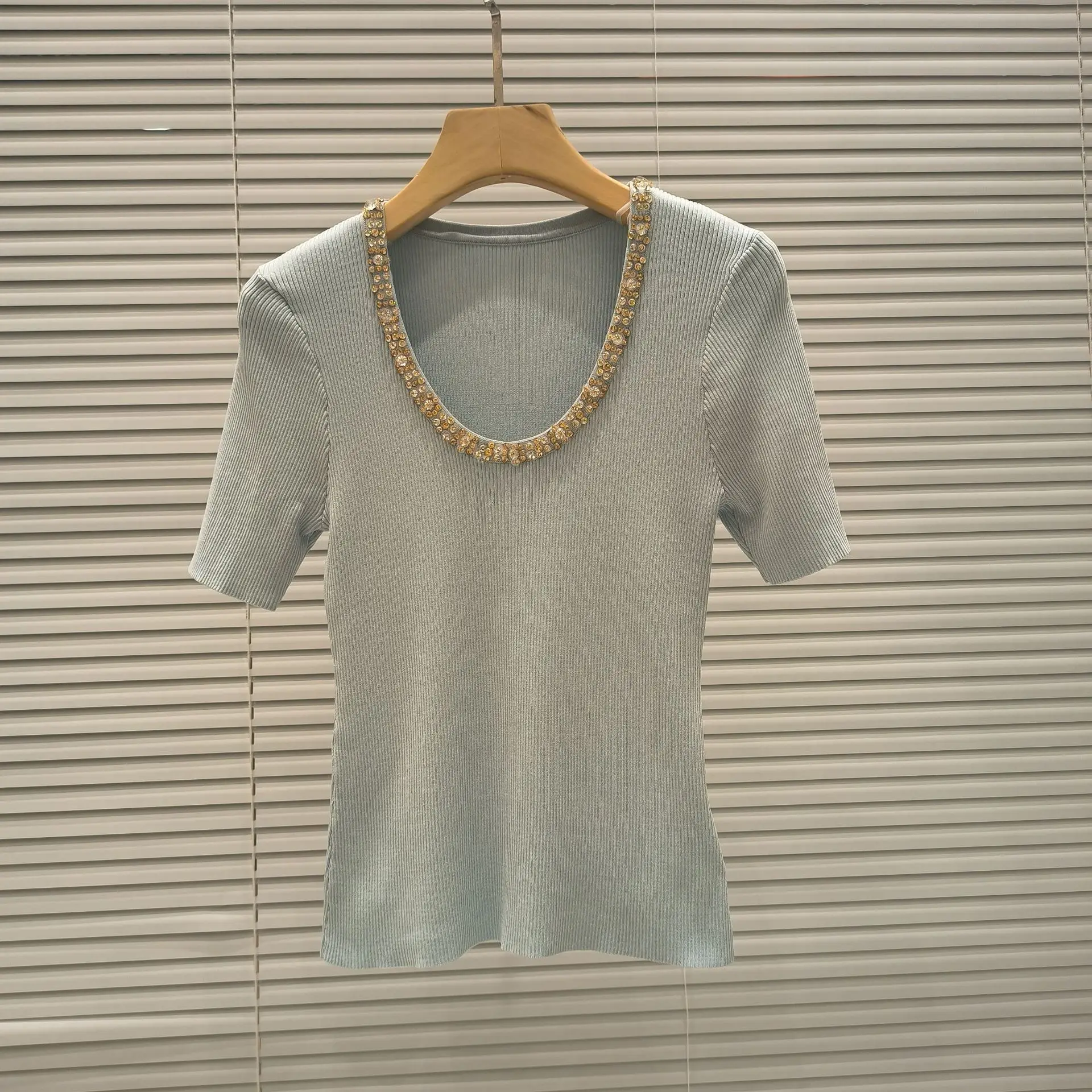 

Женская футболка Ele ort Sve, элитная версия, тяжелый воротник, точный вязаный топ с бисером, милый круглый топ Ne