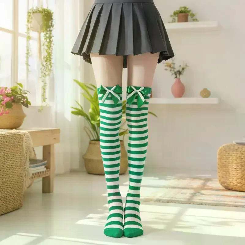 1Pairs Striped Over Knee High Socks With Cute Double Bow Decor Soft Elastic Fabric For Cosplay Halloween Party Daily Casual Wear