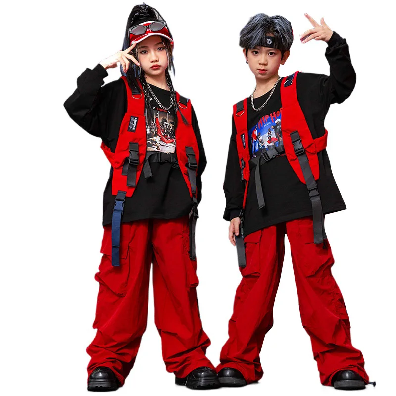 

Children Boy Girl cargo vest pant sets Streetwear Hip Hop Long Sleeve T-shirt trouser Suits Kids Tracksuit Performance Costume