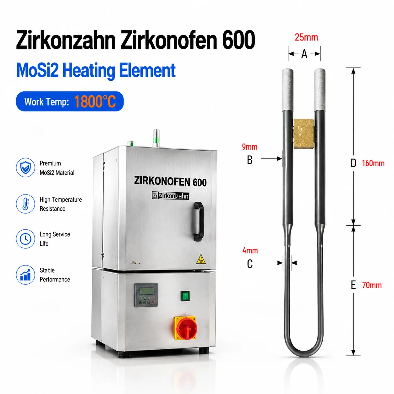 MoSi2 Heating Element for Zirkonzahn Zirkonofen 600 1800C Customizable Zirconia Dental Sintering Furnace Replacement Resistance