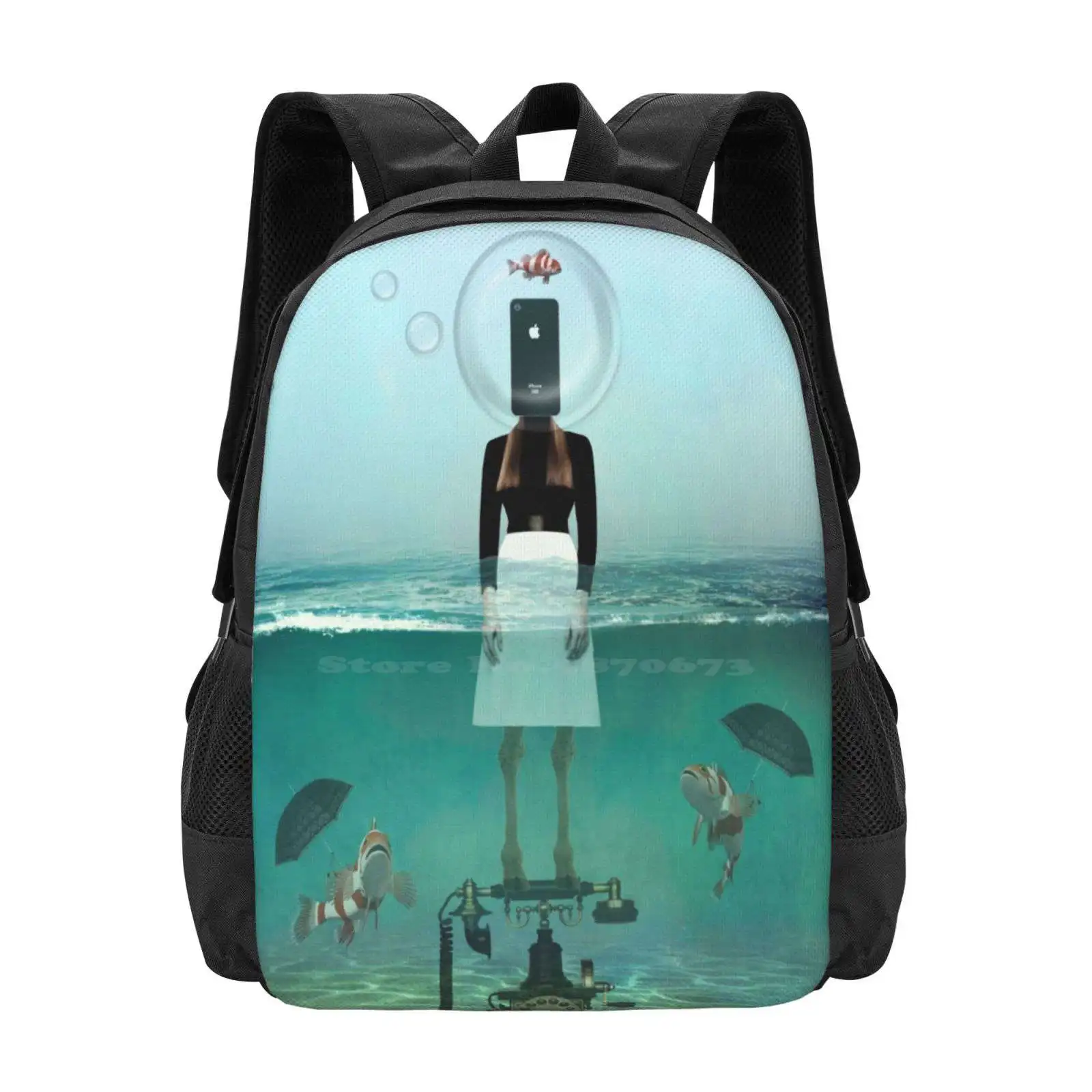 Nothing Is Real... Hot Sale Schoolbag Backpack Fashion Bags Surreal Fantasy Unique Karen Helgesen Water Bubbles Fish Orange