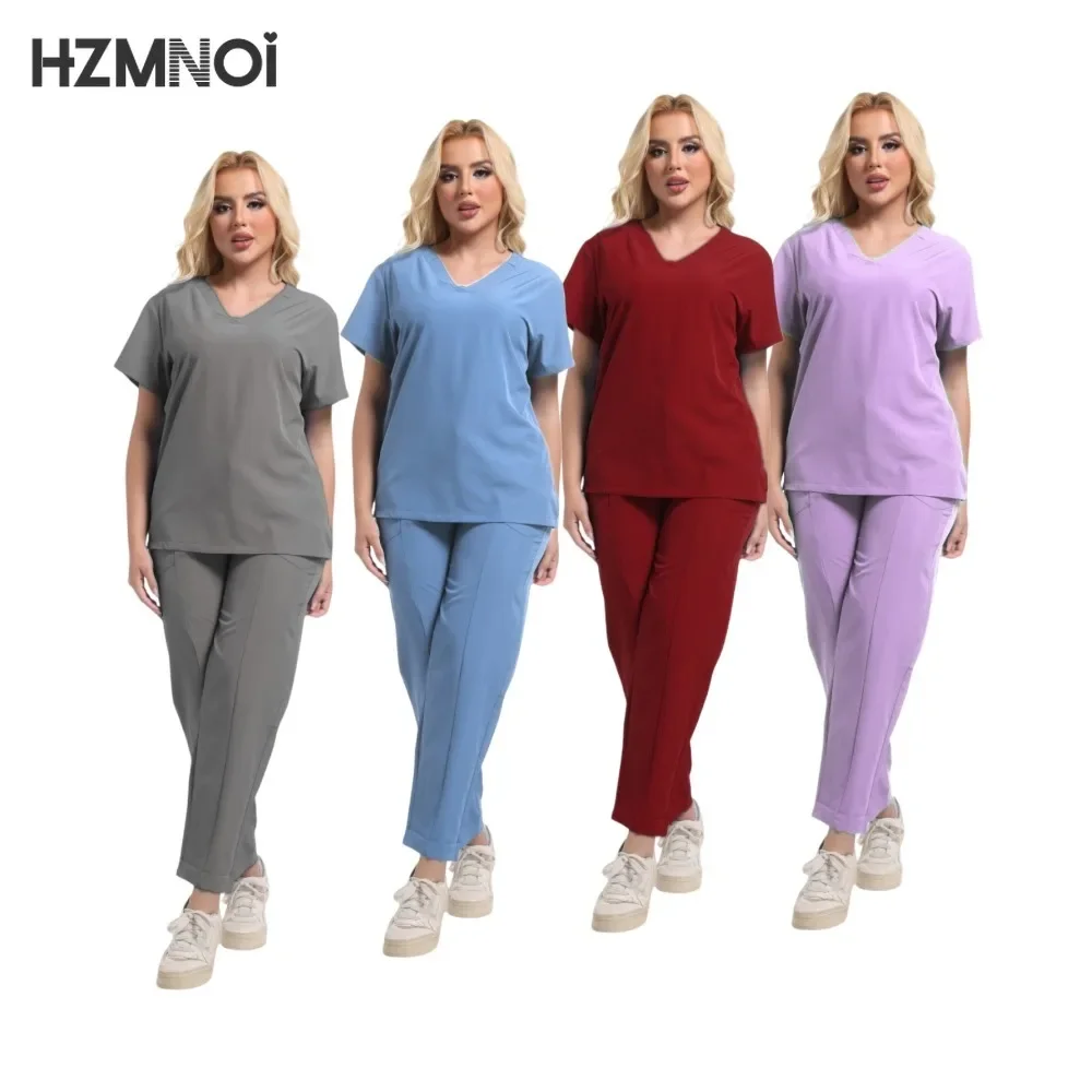 Scrubs Set Beauty Salon Uniform Elastic Breathable Spandex Nurse Accessories Fashion Slim Fit Top Lab Overalls Scrub Pants Women