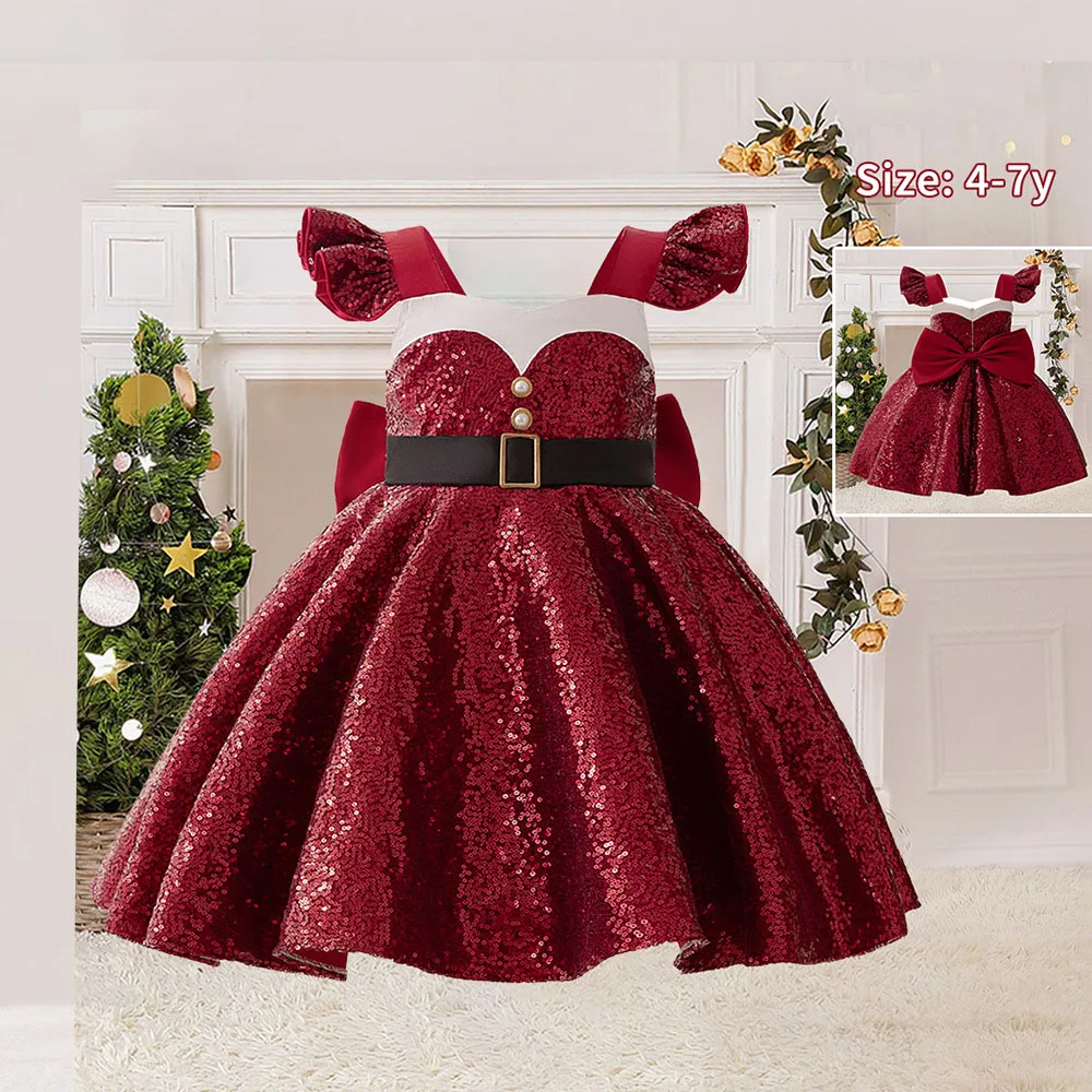 

Luxury Girls Party Dress Red Sequins Princess Dress Fly-sleeve Big Bow Birthday Wedding evening gown kids Christmas clothes