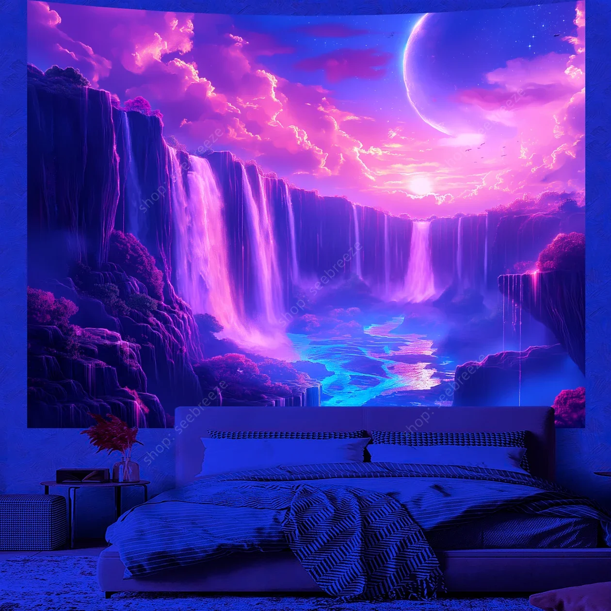 Psychedelic Waterfall Tapestry Galaxy Nature Landscape UV Reactive Tapestry Wall Hanging Dorm Living Room Aesthetic Hippie Decor