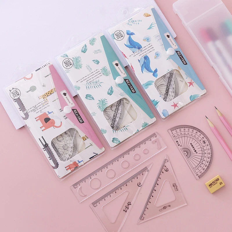 1set Kawaii Cartoon Straight Triangle Ruler Protractor Drafting Drawing Student School Office Exm Supplies