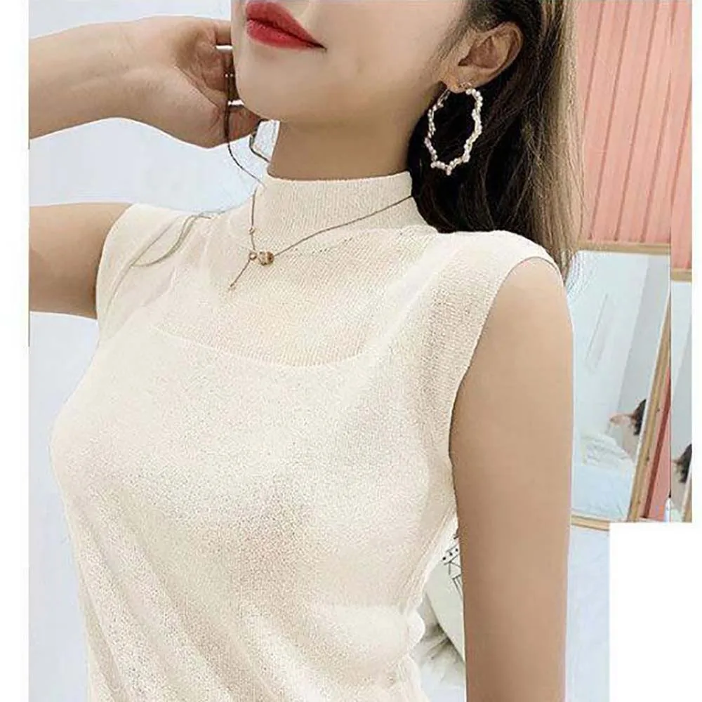 Sleeveless Tank Tops Vest Women Summer Lce Silk Sexy Knitted Top Sleeveless Casual Elasticity Solid Slim Pullover Vests Shirt