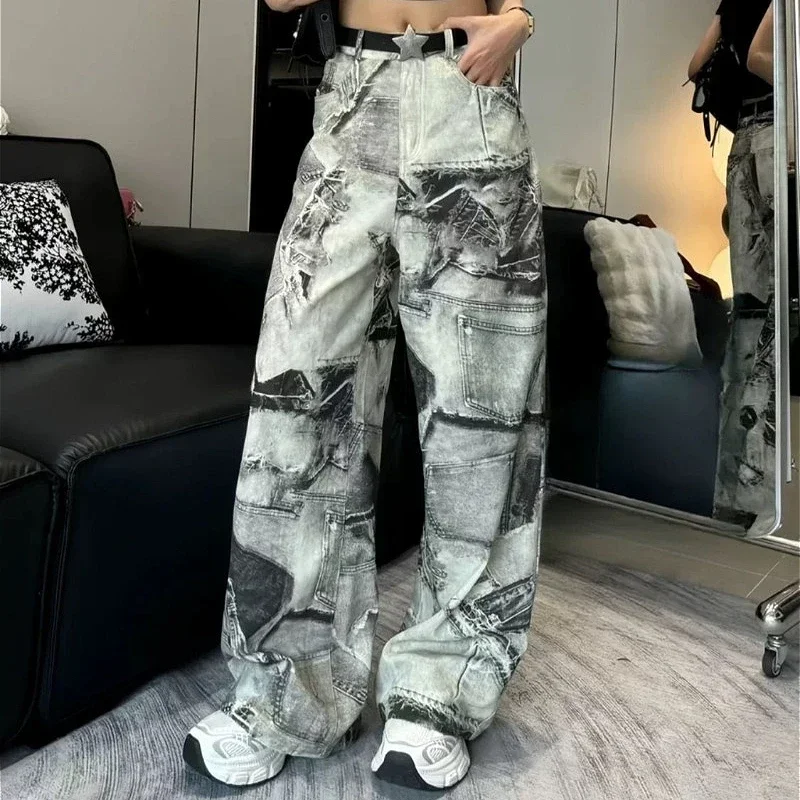 Girls Fashion Vingate Boyfriend Print Baggy Jeans Women Clothing Female Ladies Slouchy Streetwear Wide Leg Denim Pants AA1041