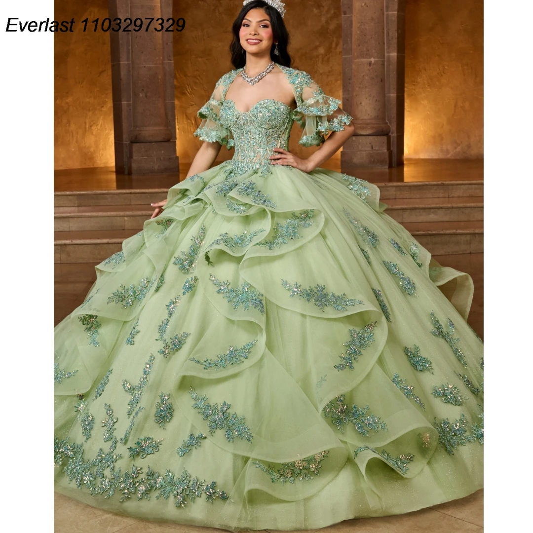 EVLAST Glitter Mint Quinceanera Dress Ball Gown Lace Applique Crystals Beads With Cape Tiered Sweet 16 Vestido De 15 Anos TQD461