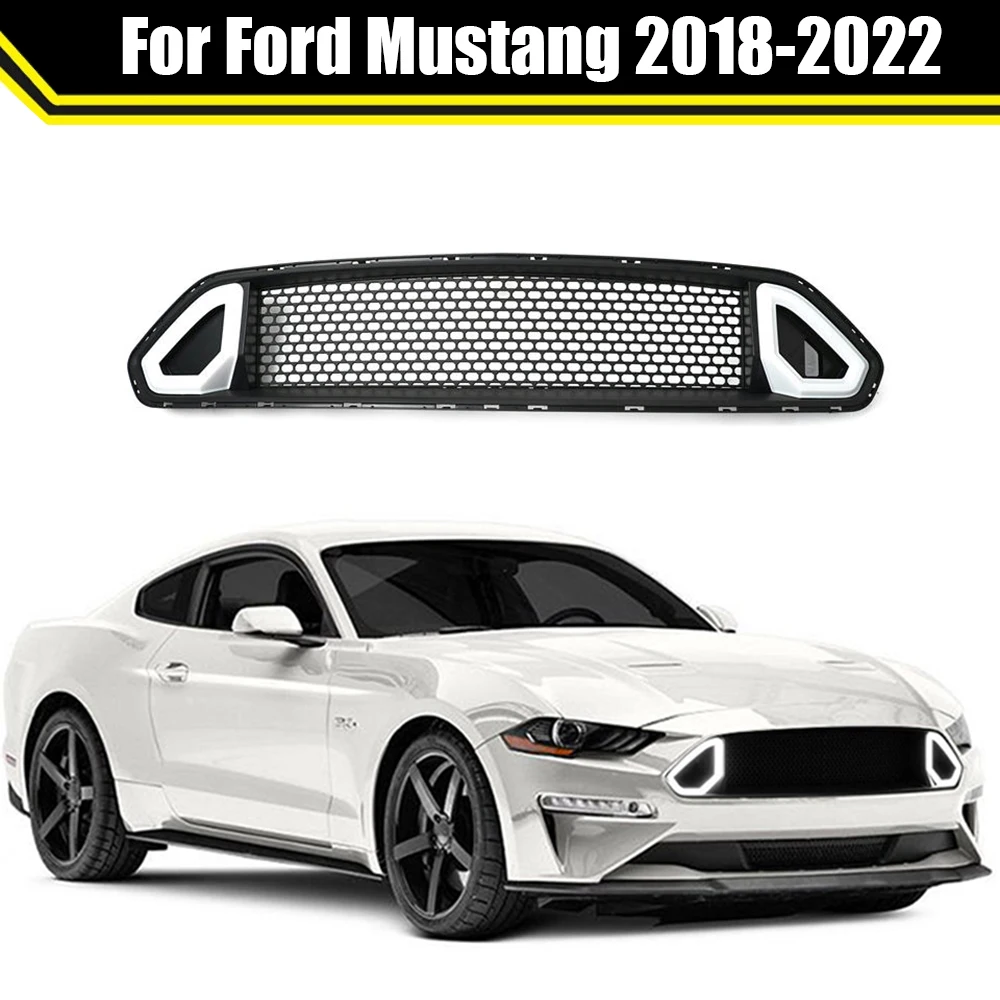 ABS Rock Style Racing Grills Front Grille For Ford Mustang 2018-2022 Car Upper Bumper Hood Radiator Mesh Grid With LED Light