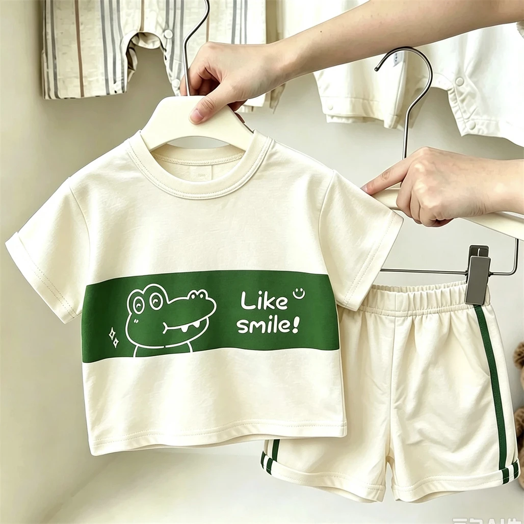 Fashion Casual Clothing Short Two Piece Set Kids Summmer Costume Thin Round Neck Tops +Shorts Boys Girls Trendy Tracksuits