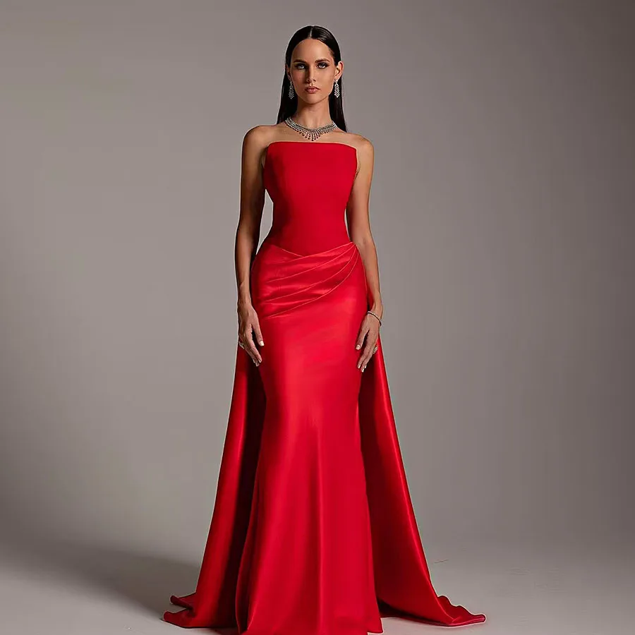 Vintage Dubai Evening Dress Elegant Red Strapless Sleeveless Satin Mermaid Prom Gown for Women Wedding Formal Party Custom