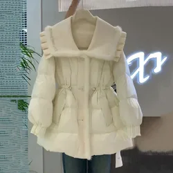 Korean Style Sweet Women's Cotton Jacket Ruffle Lapel Single-breasted Pockets Warm Drawstring Female Coats Autumn Winter 2023New