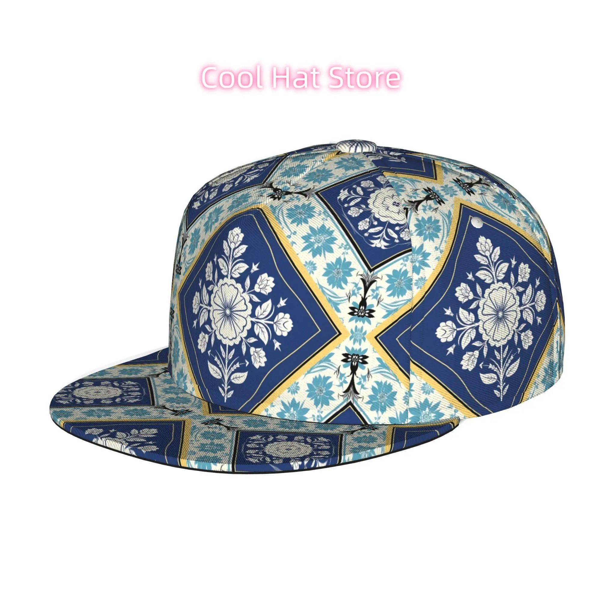 Men's and Women's Baseball Cap, Floral Tile Pattern Adjustable Snap-on Brim, Flat-top Design - Suitable for Casual Outdoor Activ