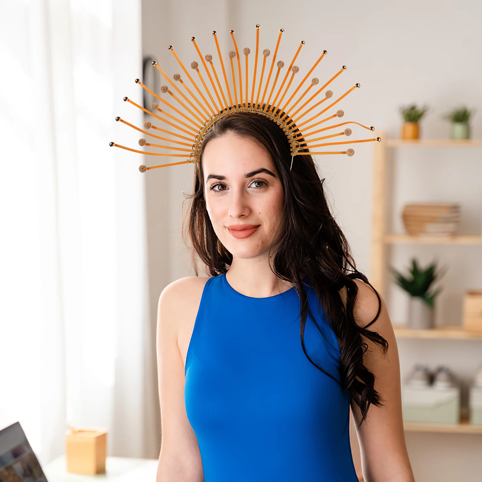 

Золотая Корона с шипами солнечных лучей, повязка на голову, головной убор ангела, костюм для вечеринки, женские аксессуары богини, фестивали, косплей, корона с шипами