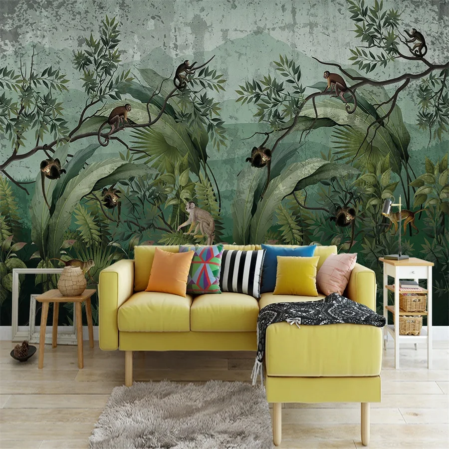 Custom Wallpaper 3d flowers birds mural leopard Southeast Asia woods Tropical Forest Monkey Vintage living room background wall