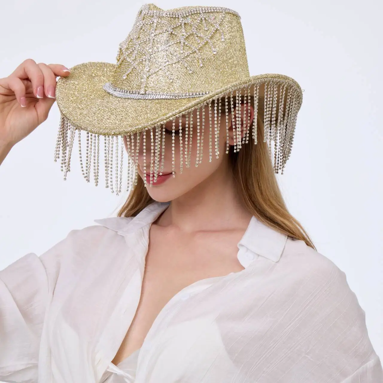 

HongLuan Golden Disco Costume Hat Adult & Cowboy Hats Rhinestone for Woman, Cowboy Cosplay Female Accessories & Cowgirl Cap